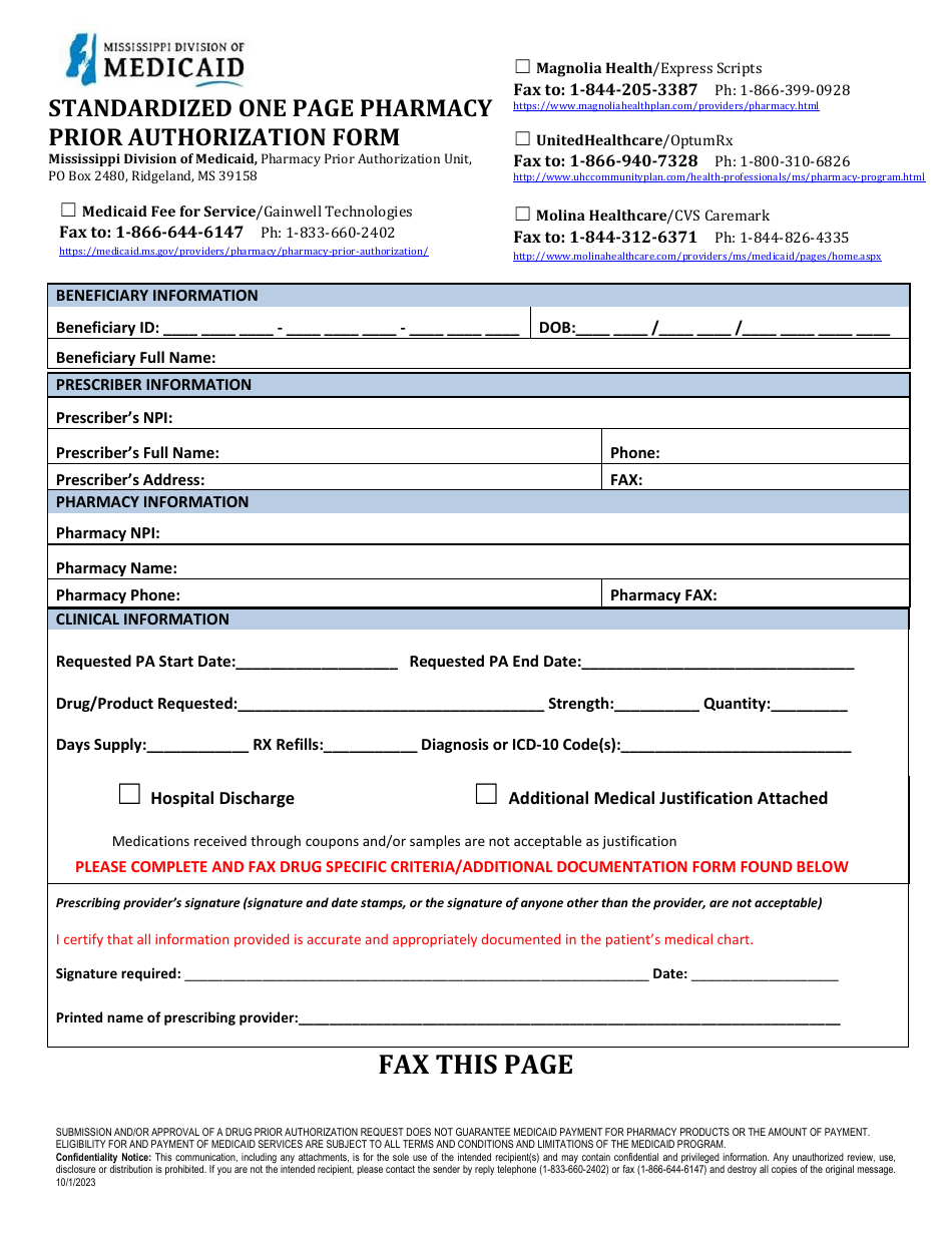 Prior Authorization Packet - Early Refill - Mississippi, Page 1