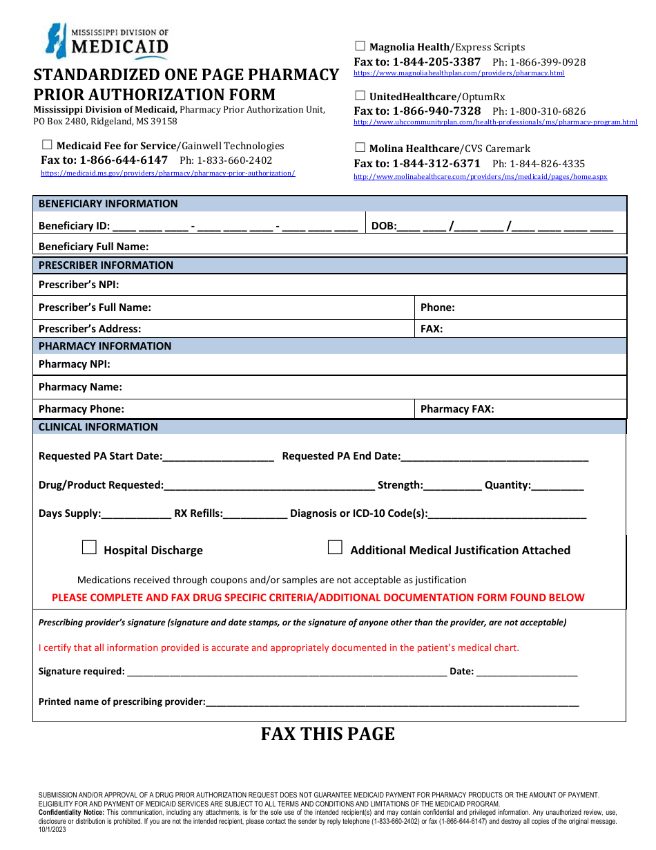 Prior Authorization Packet - Multiple Concurrent Antipsychotics for Beneficiaries (Age 18) - Mississippi, Page 1