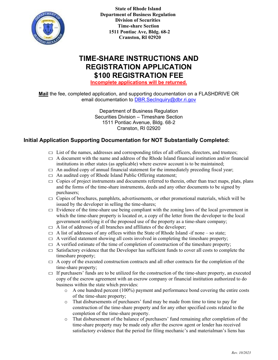 Timeshare Registration Application - Rhode Island, Page 1