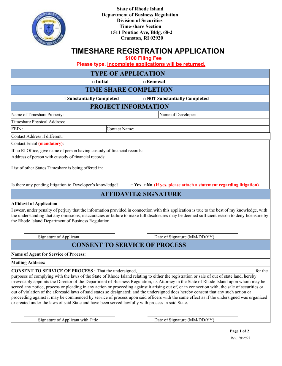 Timeshare Registration Application - Rhode Island, Page 3
