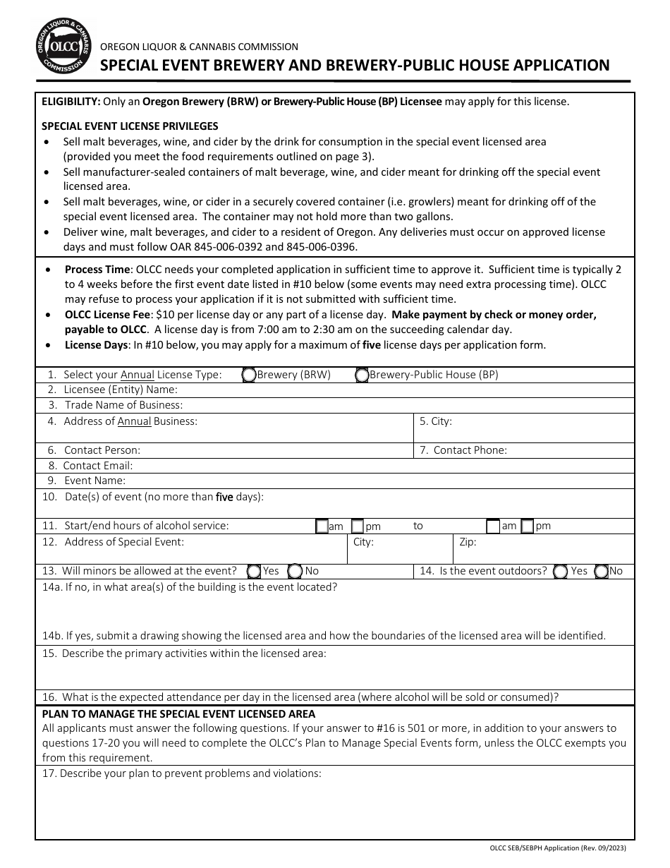 Special Event Brewery and Brewery-Public House Application - Oregon, Page 1