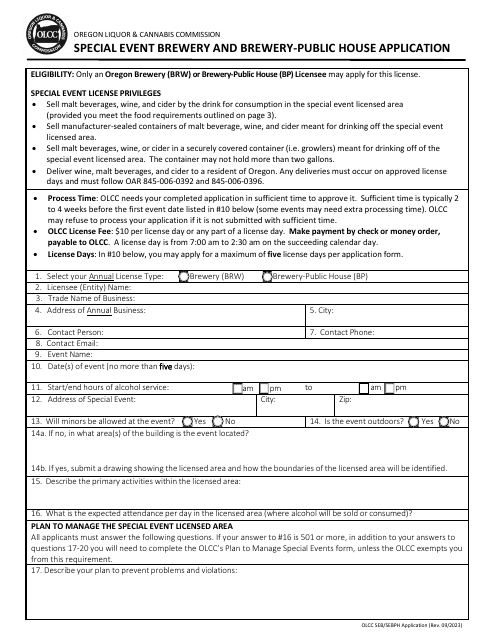 Special Event Brewery and Brewery-Public House Application - Oregon