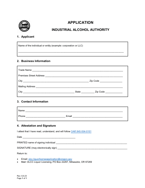 Industrial Alcohol Authority Application - Oregon