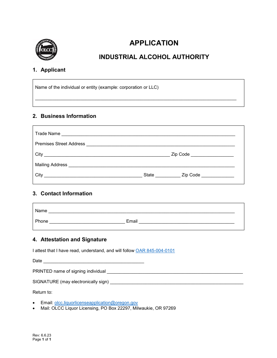Industrial Alcohol Authority Application - Oregon, Page 1