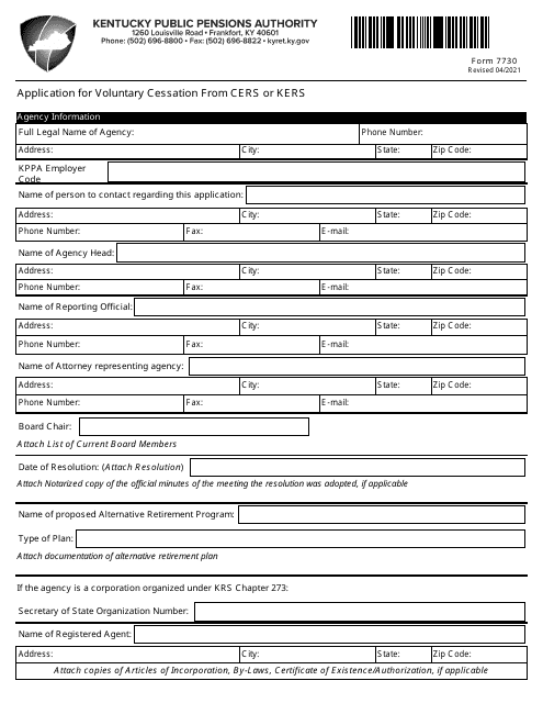Form 7730 Application for Voluntary Cessation From Cers or Kers - Kentucky