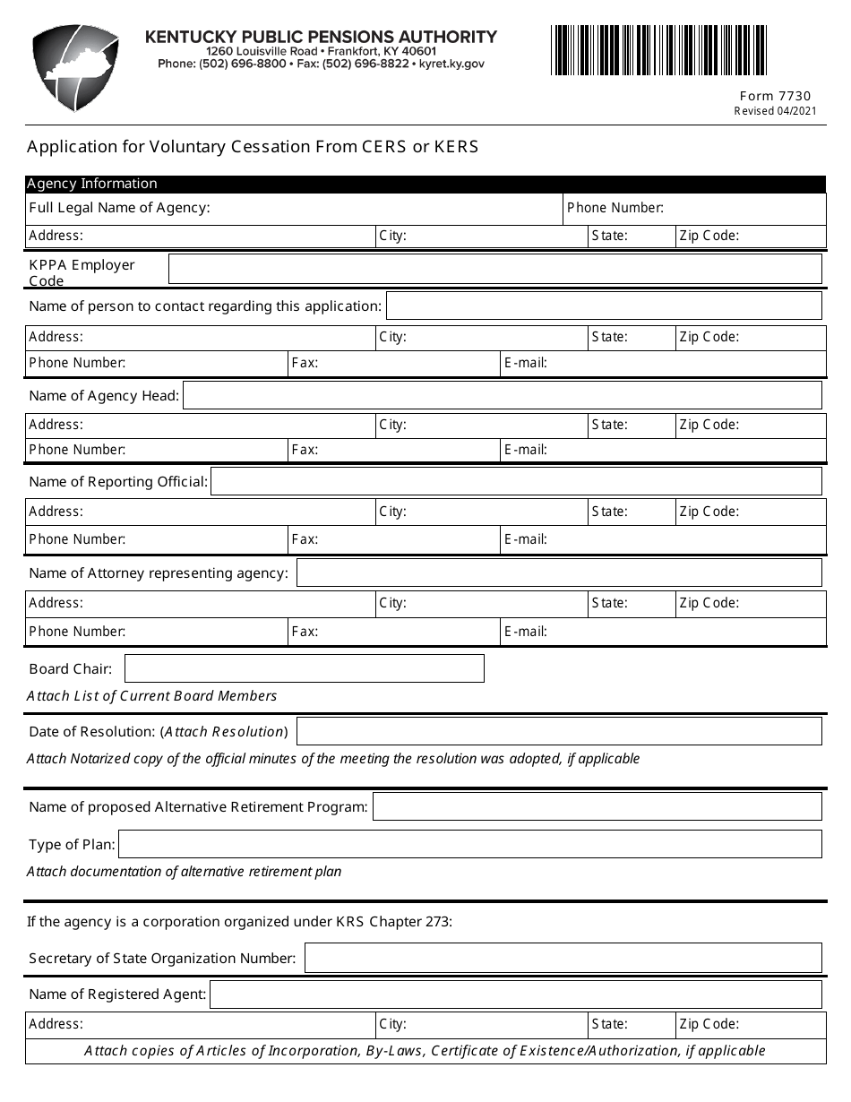 Form 7730 Application for Voluntary Cessation From Cers or Kers - Kentucky, Page 1