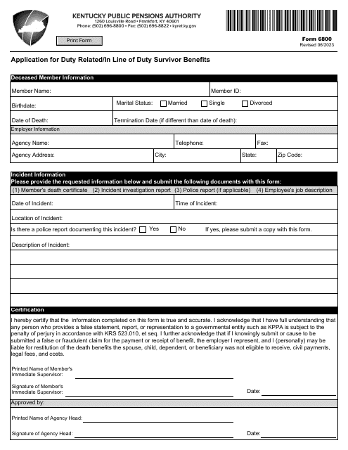 Form 6800 Application for Duty Related/In Line of Duty Survivor Benefits - Kentucky