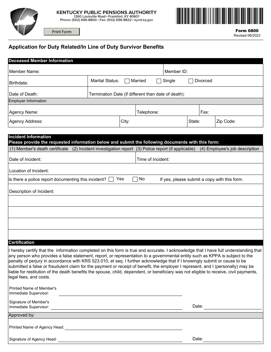 Form 6800 Application for Duty Related / In Line of Duty Survivor Benefits - Kentucky, Page 1