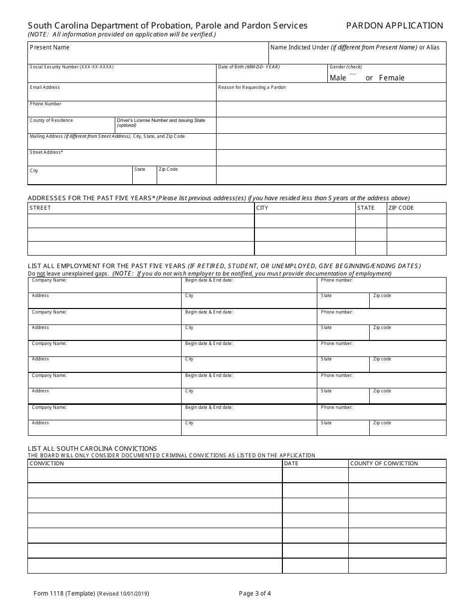 Form 1118 Pardon Application - South Carolina, Page 3