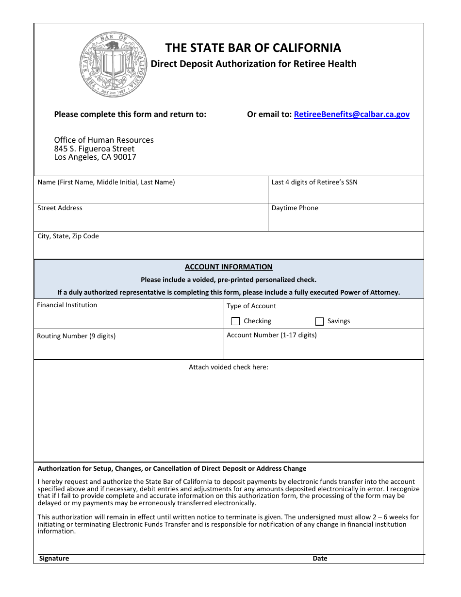 Direct Deposit Authorization for Retiree Health - California, Page 1