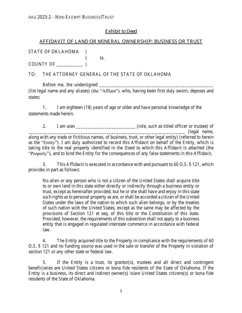 Affidavit of Land or Mineral Ownership: Business or Trust - Oklahoma, Page 1