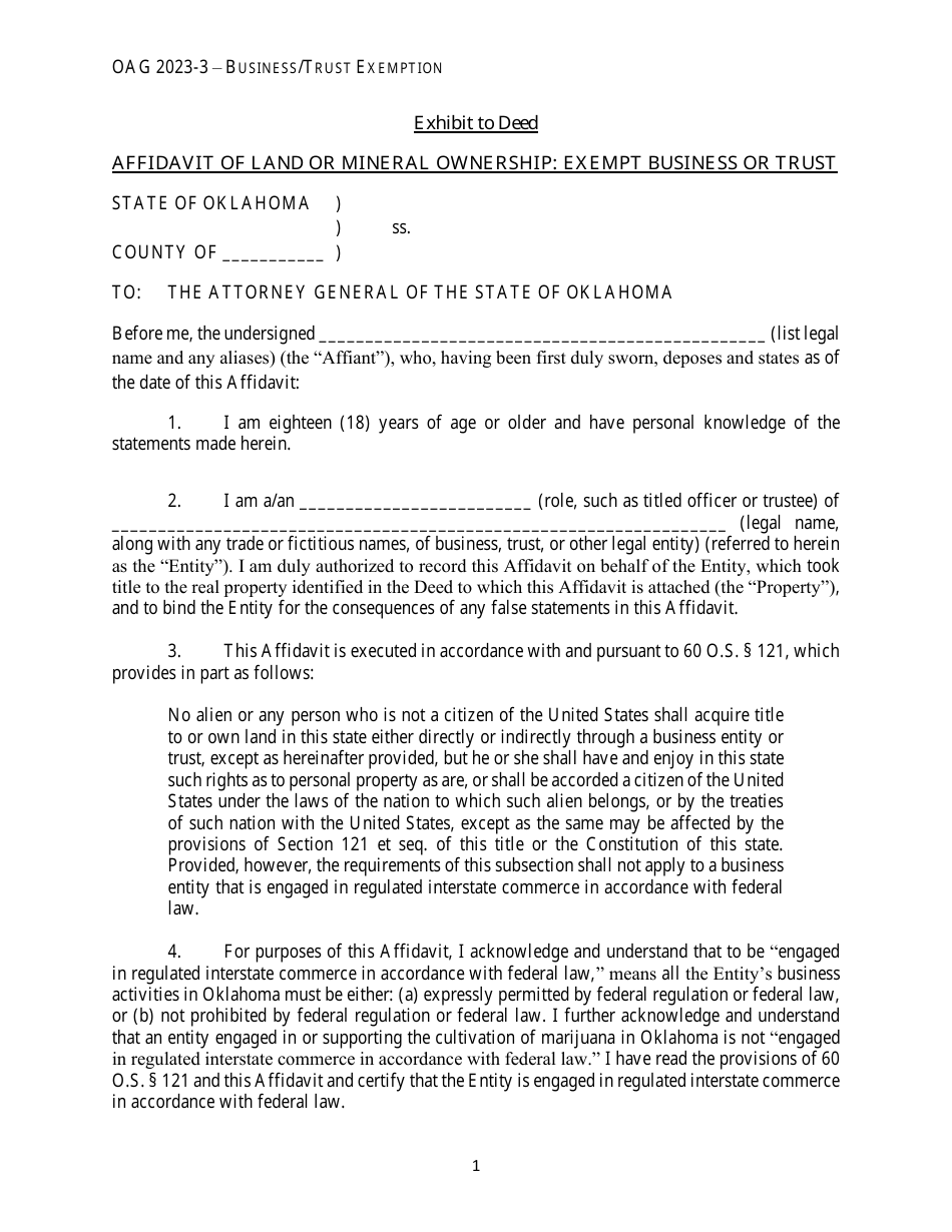Affidavit of Land or Mineral Ownership: Exempt Business or Trust - Oklahoma, Page 1