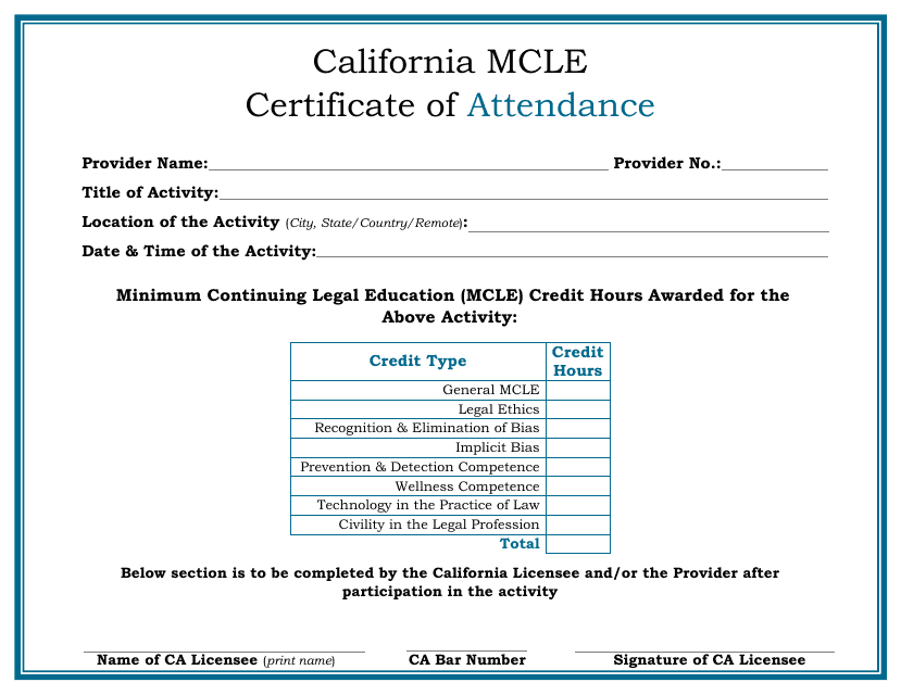 California Mcle Certificate of Attendance - California Download Pdf