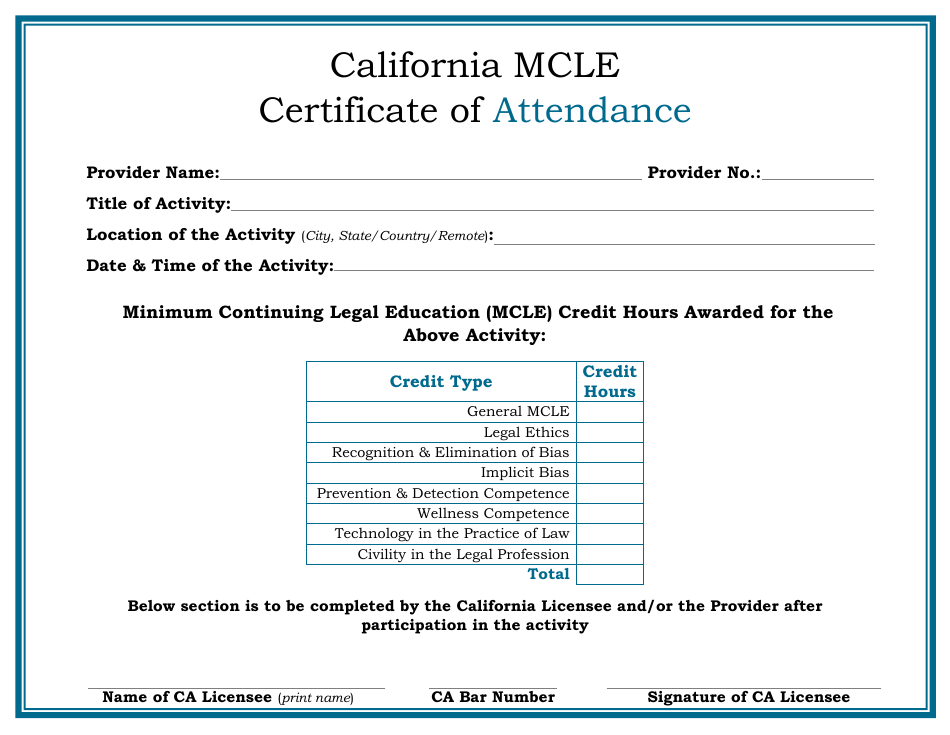 California Mcle Certificate of Attendance - California, Page 1