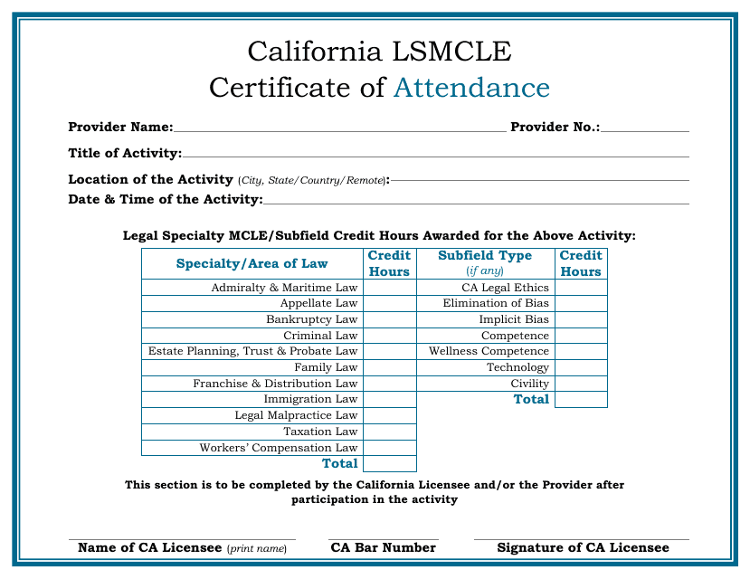 California Lsmcle Certificate of Attendance - California Download Pdf