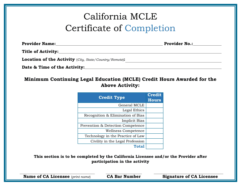 California Mcle Certificate of Completion - California Download Pdf