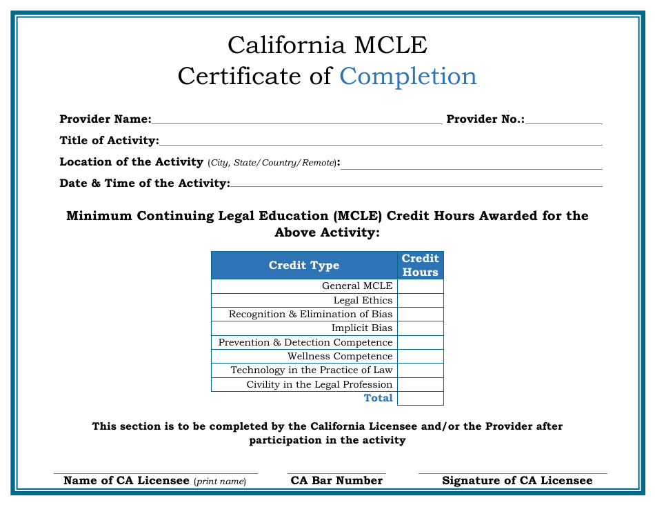 California Mcle Certificate of Completion - California, Page 1