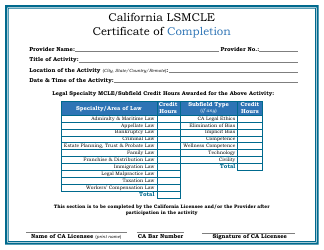 Document preview: California Lsmcle Certificate of Completion - California