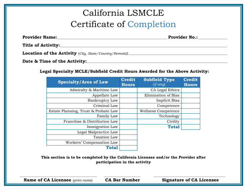 California Lsmcle Certificate of Completion - California