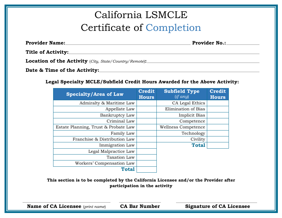 California Lsmcle Certificate of Completion - California, Page 1