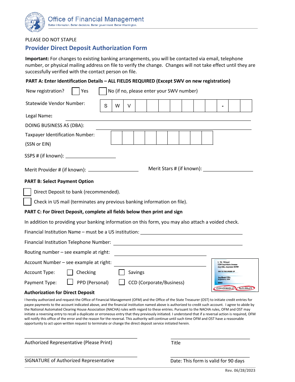 Provider Direct Deposit Authorization Form - Washington, Page 2