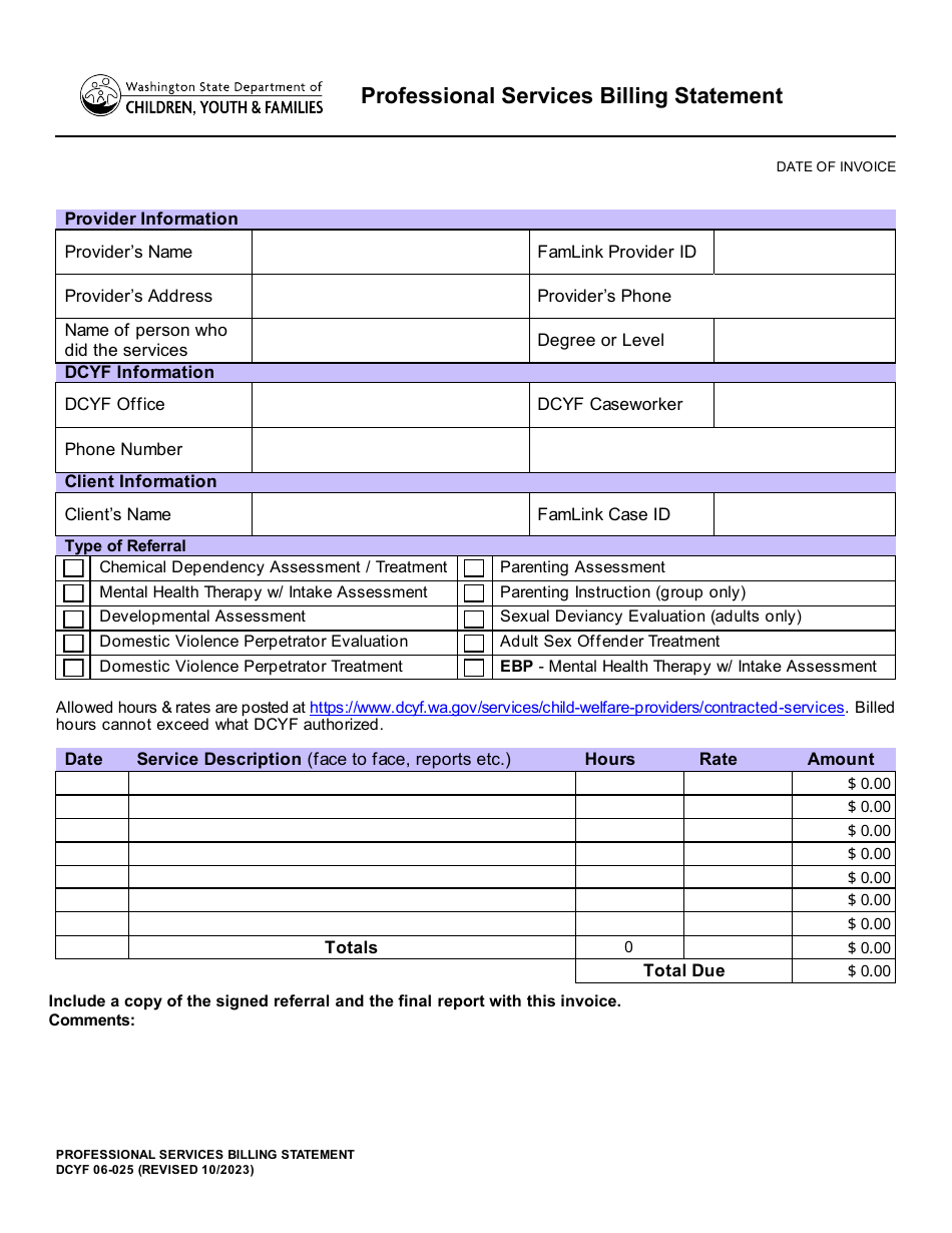 Form DCYF06-025 Professional Services Billing Statement - Washington, Page 1