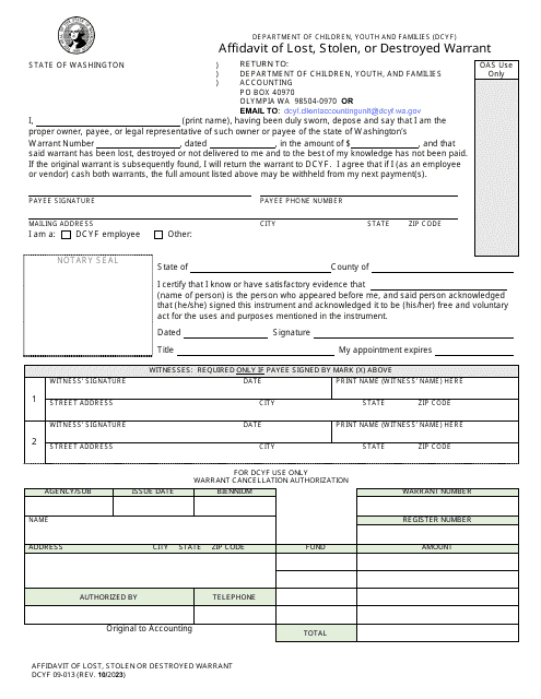 Form DCYF09-013 Affidavit of Lost, Stolen, or Destroyed Warrant - Washington