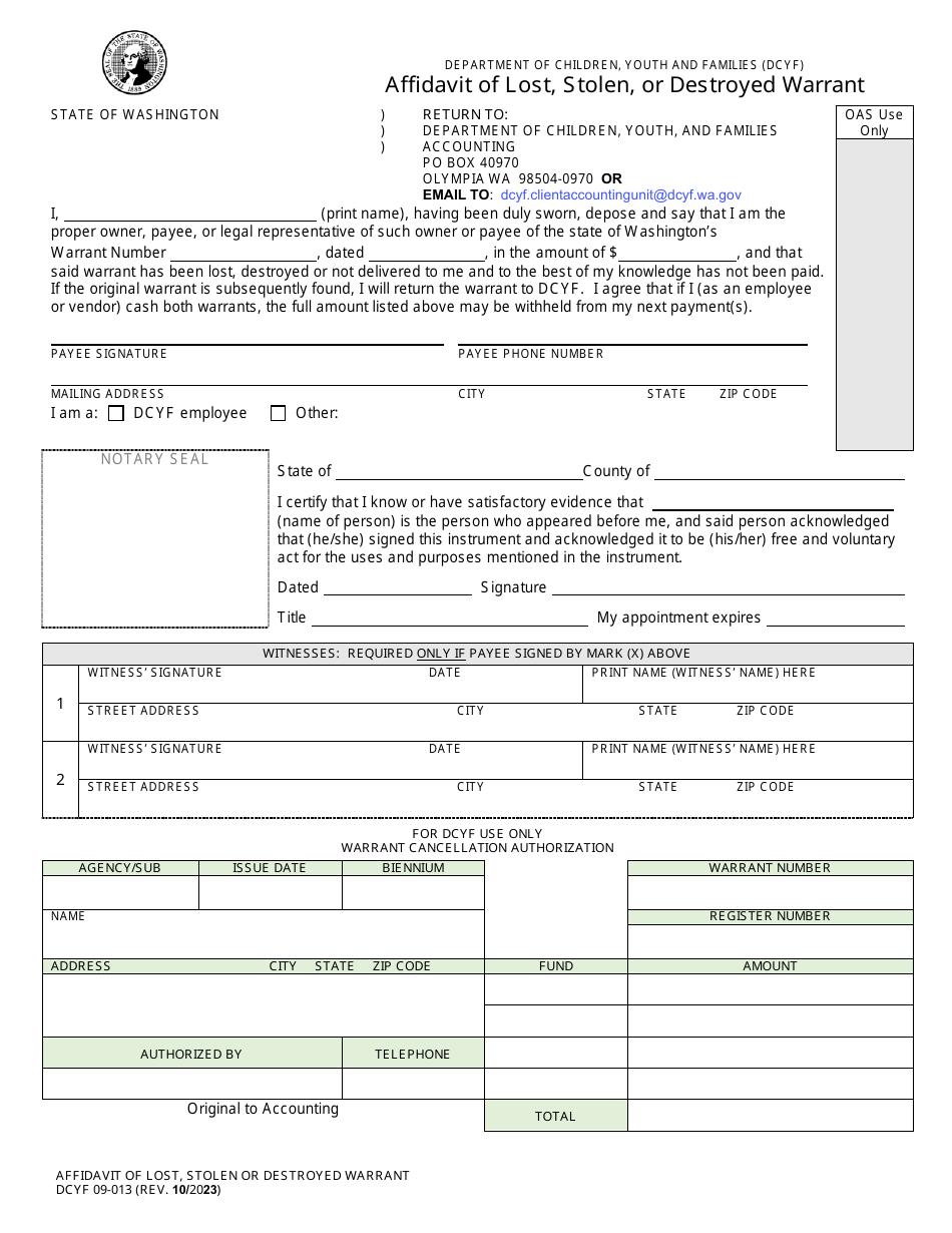 Form DCYF09-013 Affidavit of Lost, Stolen, or Destroyed Warrant - Washington, Page 1