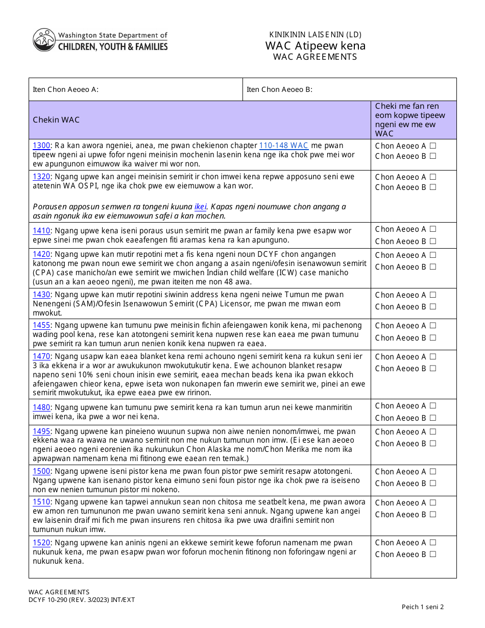 Form DCYF10-290 Wac Agreements - Washington (Trukese), Page 1