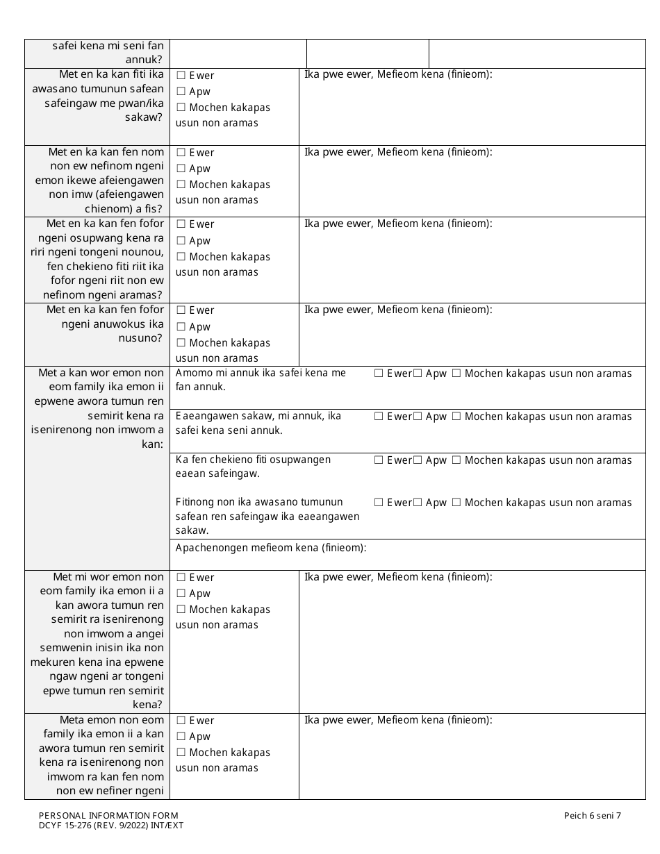 Form DCYF15-276 Personal Information Form - Washington (Trukese), Page 6