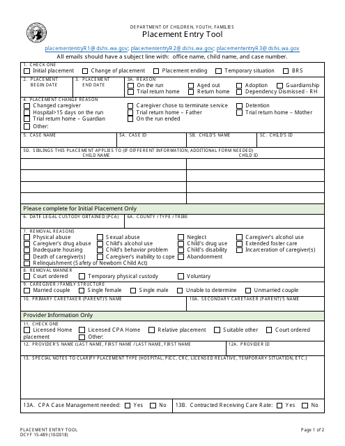 Form DCYF15-489 Placement Entry Tool - Washington