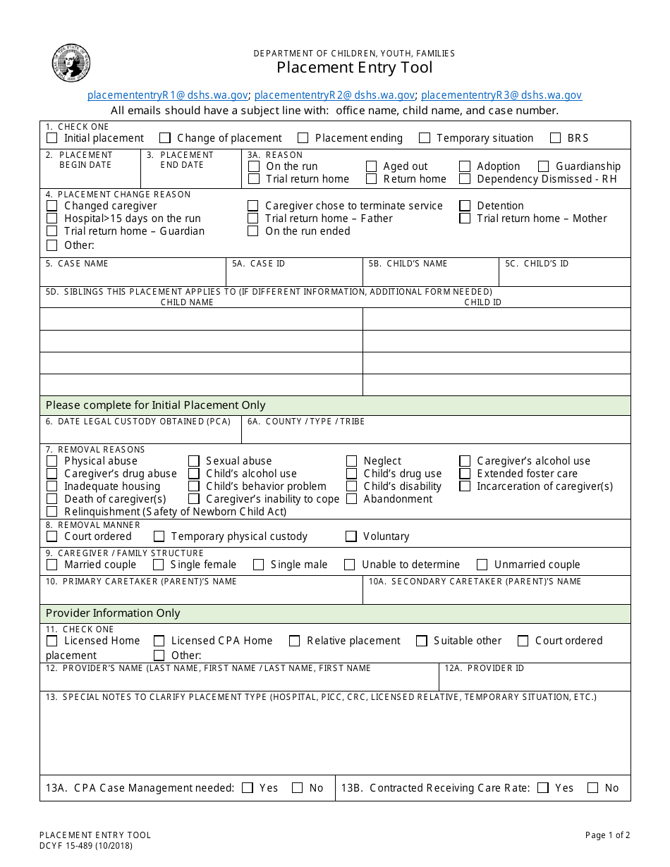 Form DCYF15-489 Placement Entry Tool - Washington, Page 1