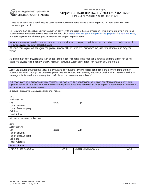 Form DCYF16-204 Emergency and Evacuation Plan - Washington (Trukese)