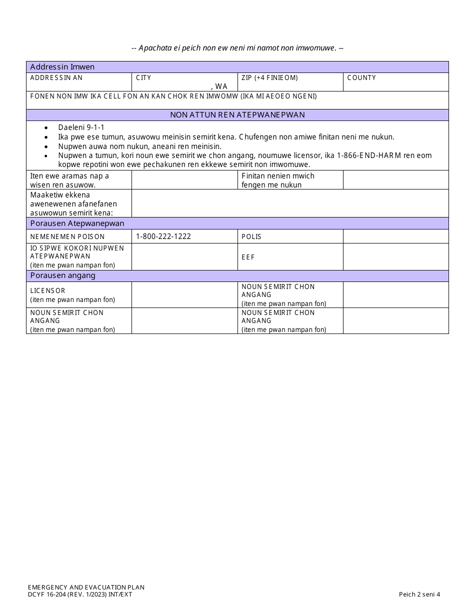 Form DCYF16-204 Emergency and Evacuation Plan - Washington (Trukese), Page 2