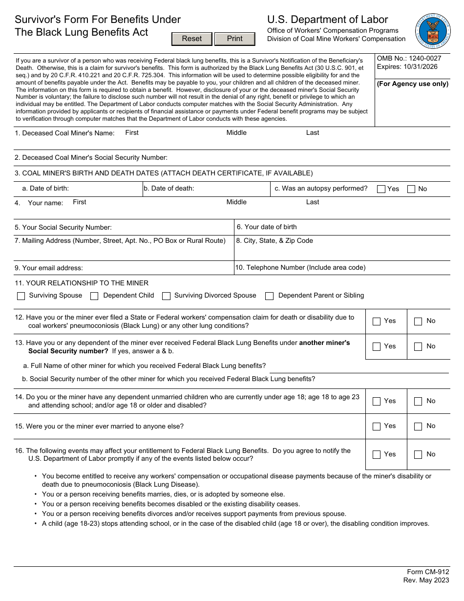 Form CM-912 Survivors Form for Benefits Under the Black Lung Benefits Act, Page 1