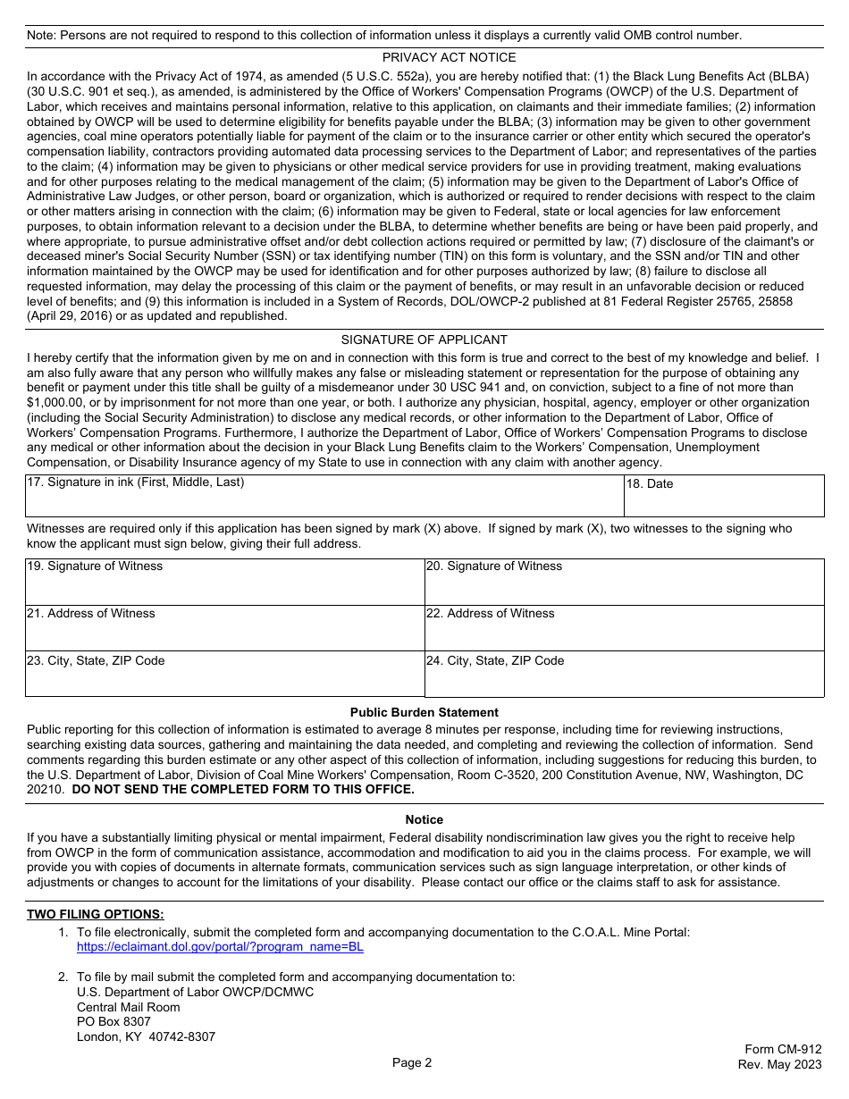 Form CM-912 Survivors Form for Benefits Under the Black Lung Benefits Act, Page 2