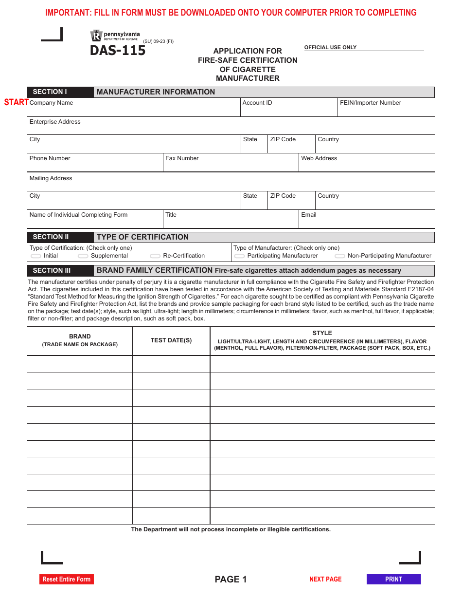 Form DAS-115 Application for Fire-Safe Certification of Cigarette Manufacturer - Pennsylvania, Page 1