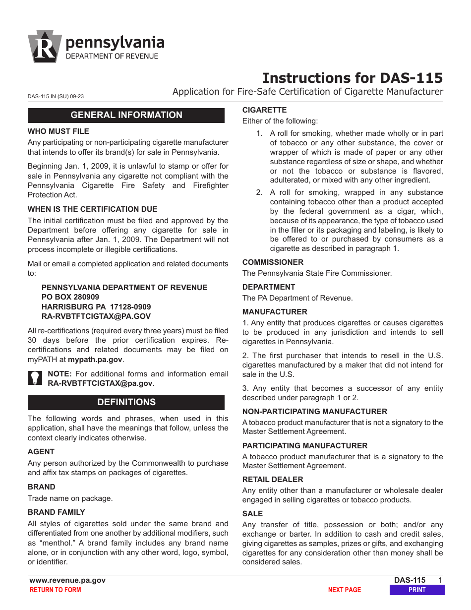 Form DAS-115 Application for Fire-Safe Certification of Cigarette Manufacturer - Pennsylvania, Page 3