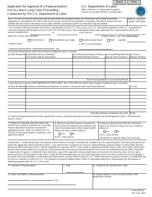 Form CM-972 Application for Approval of a Representative's Fee in a Black Lung Claim Proceeding Conducted by the U.S. Department of Labor