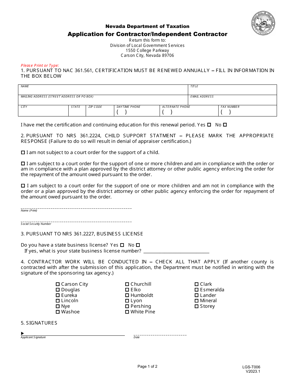 Form LGS-T006 Application for Contractor / Independent Contractor - Nevada, Page 1