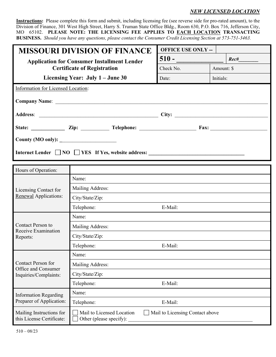 Application for Consumer Installment Lender Certificate of Registration - Missouri, Page 2