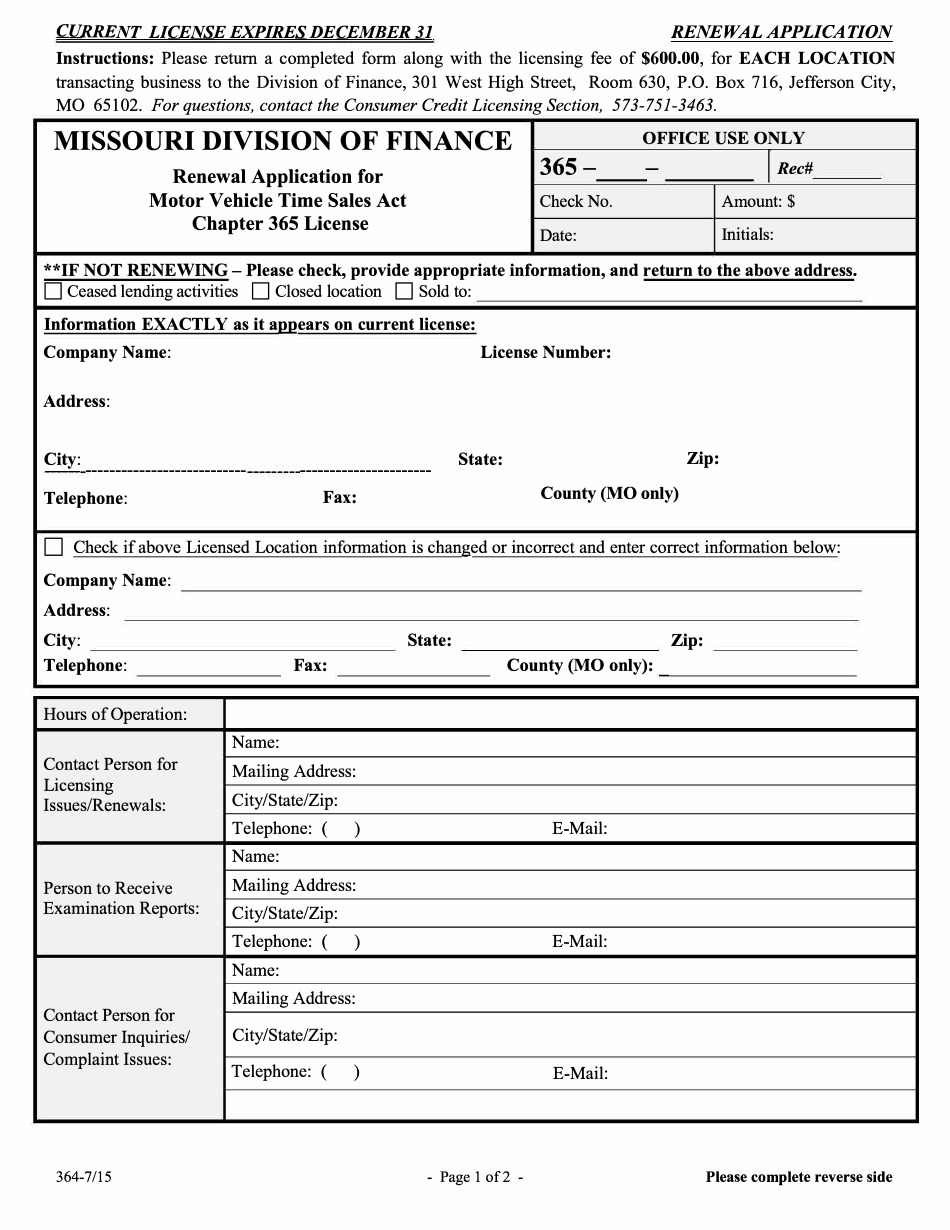 Renewal Application for Motor Vehicle Time Sales Act Chapter 365 License - Missouri, Page 2