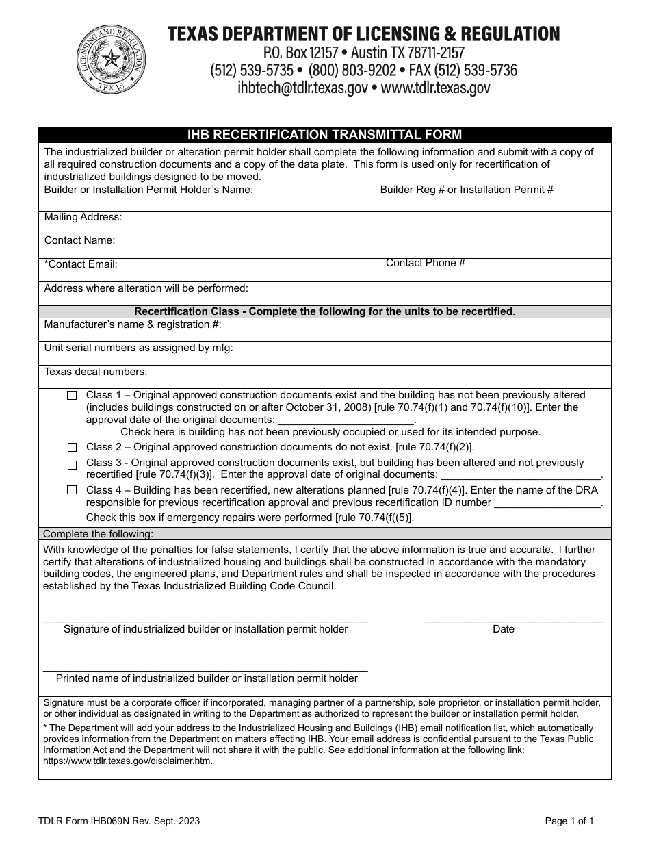 TDLR Form IHB069N Ihb Recertification Transmittal Form - Texas, Page 1