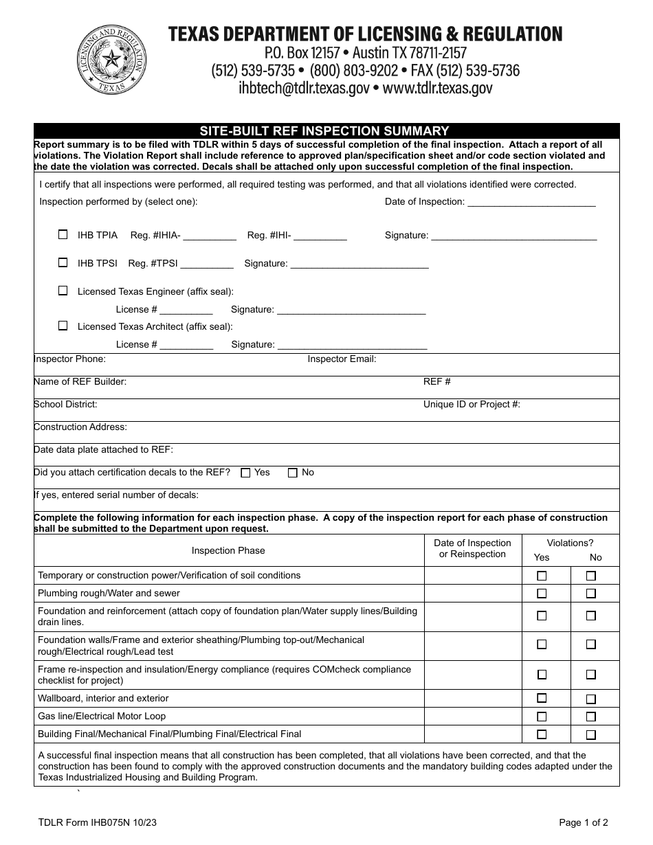 TDLR Form IHB075N Site-Built Ref Inspection Summary - Texas, Page 1
