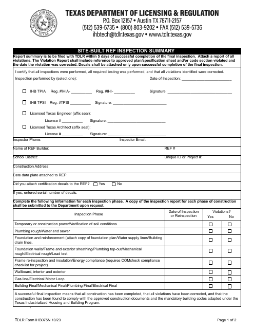 TDLR Form IHB075N Site-Built Ref Inspection Summary - Texas