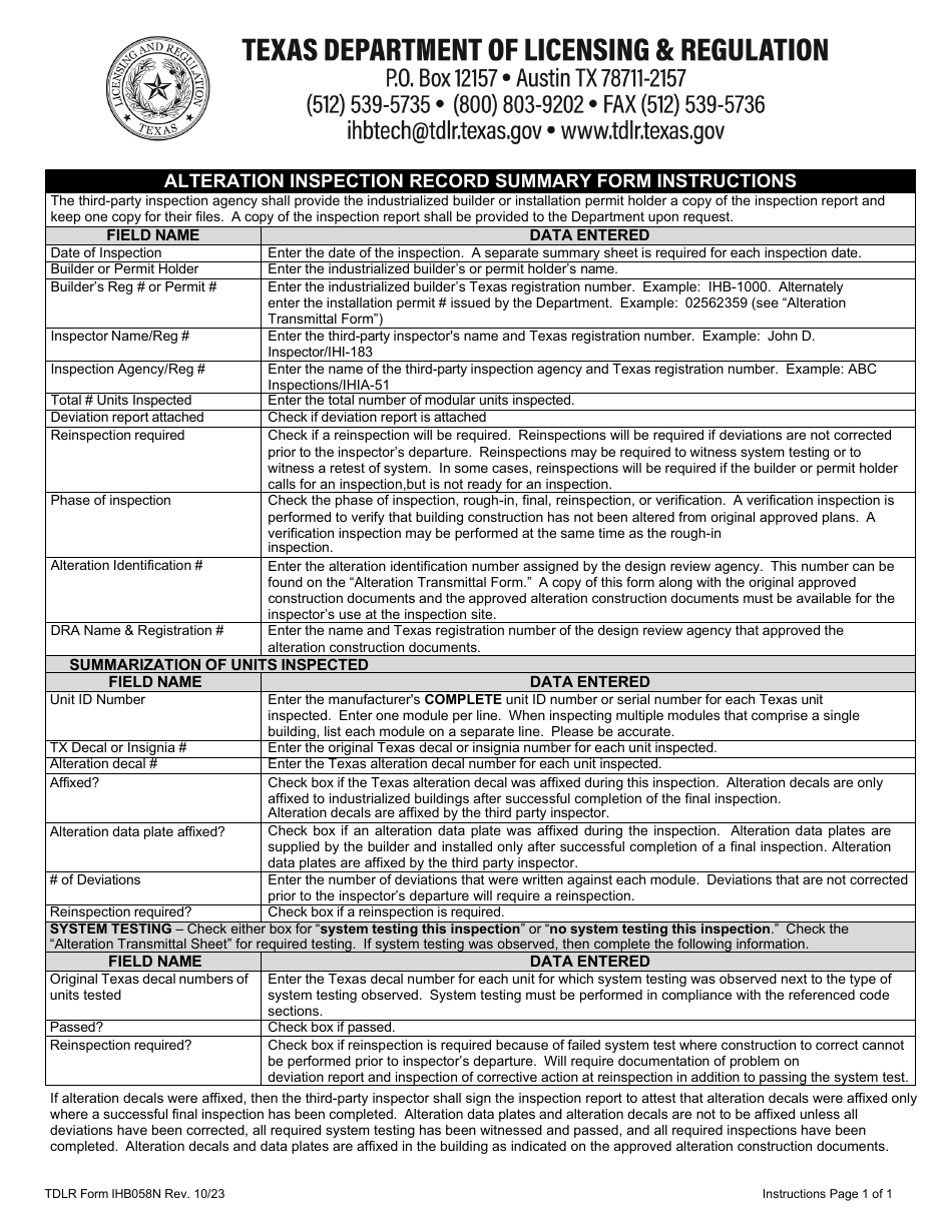 TDLR Form IHB058N Alteration Inspection Record Summary - Texas, Page 1