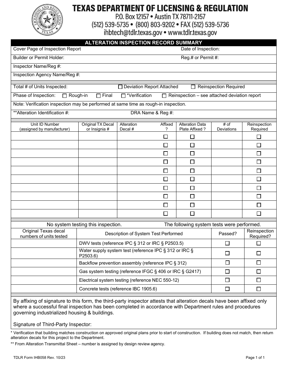 TDLR Form IHB058N Alteration Inspection Record Summary - Texas, Page 2