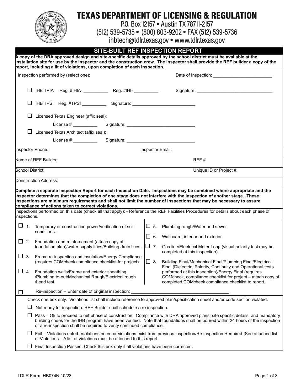 TDLR Form IHB074N Site-Built Ref Inspection Report - Texas, Page 1