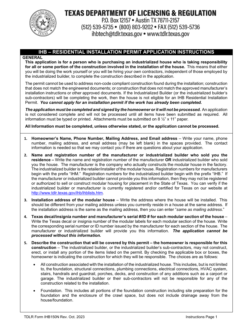 TDLR Form IHB150N Ihb - Residential Installation Permit Application - Texas, Page 1