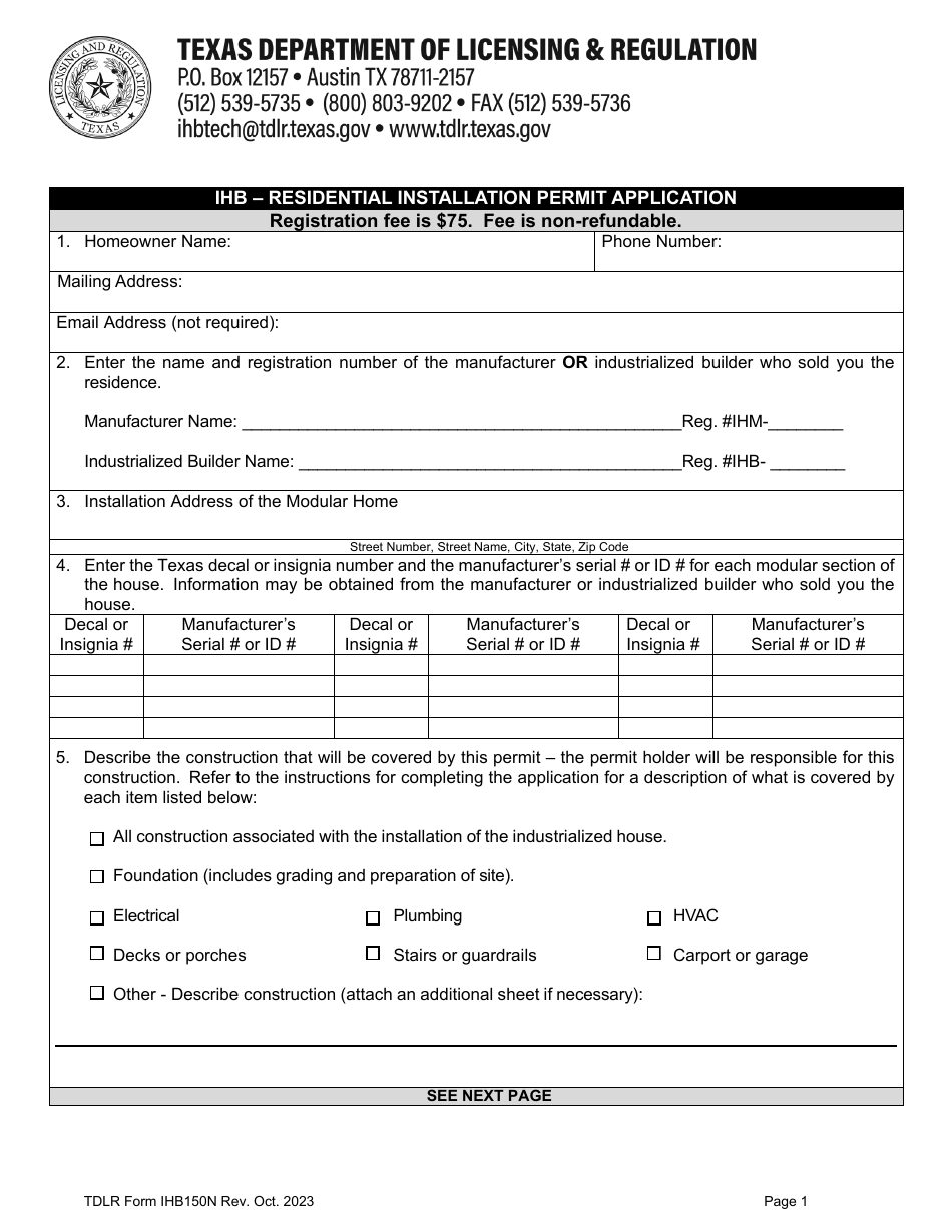 TDLR Form IHB150N Ihb - Residential Installation Permit Application - Texas, Page 3